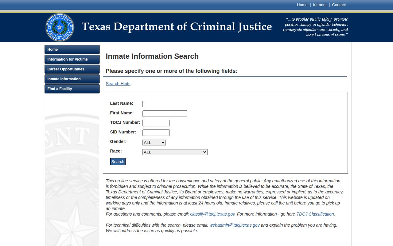 Texas Department of Criminal Justice inmate search form