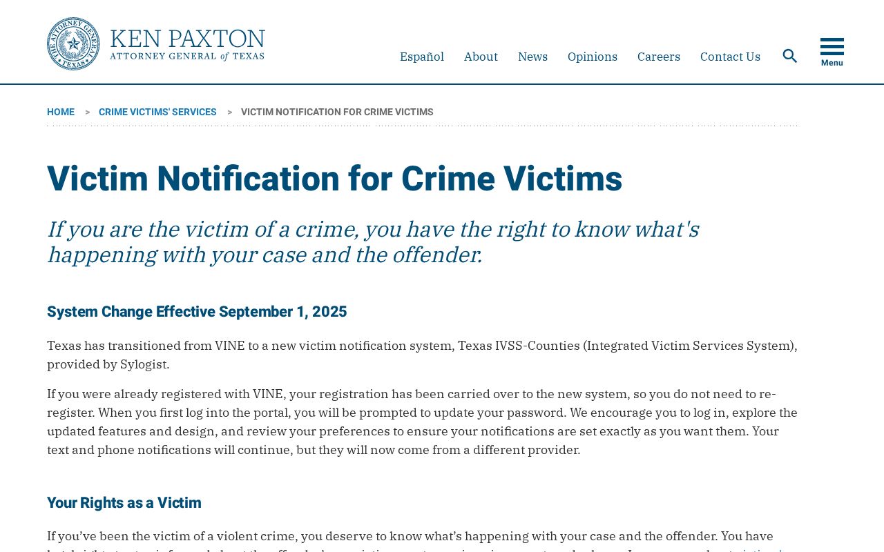 Texas Attorney General victim notification page explaining the IVSS transition